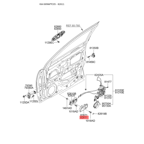 Ручка двери, внутреннее оснащение левая 82611-1G001XI Mobis - 826111G001XI - схема с каталога 82611, KKMAPTC05 826111G001XI