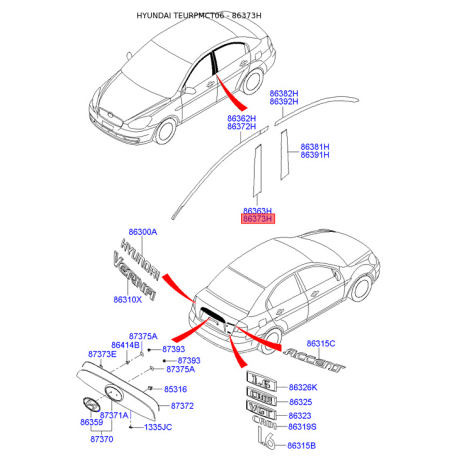 Облицювання / захисна накладка, боковина заднє праве 86373-1E001 Mobis - 863731E001 - схема з каталогу 86373H, TEURPMCT06 863731E001