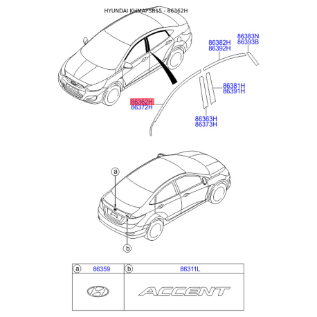 Облицовка / защитная накладка, боковина левая верхняя 86362-1R000 Mobis - 863621R000 - схема с каталога 86362H, KHMAPSB15 863621R000