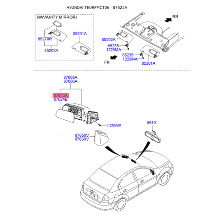 Зеркальный элемент наружного зеркала задний левый 87611-1E110 Mobis - 876111E110 - схема с каталога 87623A, TEURPMCT06 876111E110