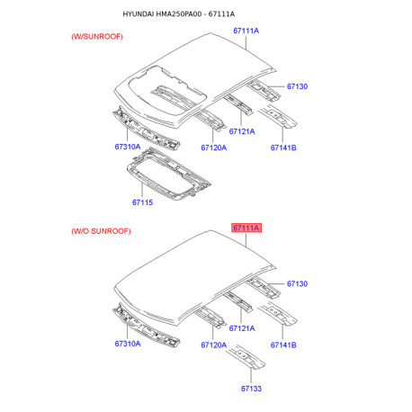Крыша (часть кузова, панель) 67111-25100 Mobis - 6711125100 - схема с каталога 67111A, HMA250PA00 6711125100