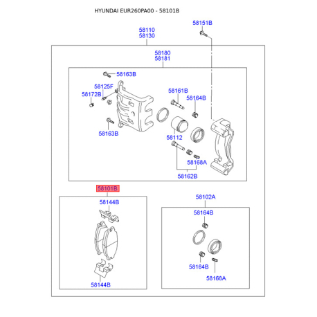 Колодки тормозные дисковые комплект 58101-26A10 Mobis - 5810126A10 - схема с каталога 58101B, EUR260PA00 5810126A10