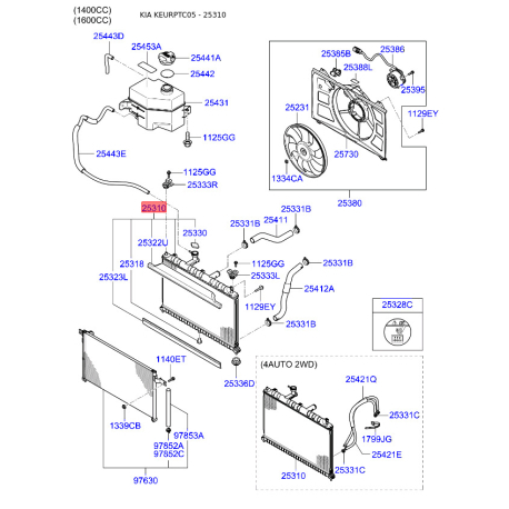 Радіатор охолодження двигуна 25310-1G311 Mobis - 253101G311 - схема з каталогу 25310, KEURPTC05 253101G311