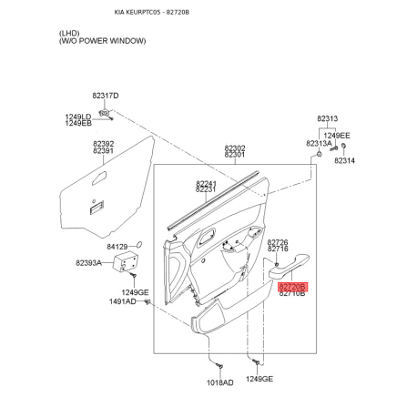 Ручка дверей, внутрішнє обладнання права 82720-1G040E4 Mobis - 827201G040E4 - схема з каталогу 82720B, KEURPTC05 827201G040E4