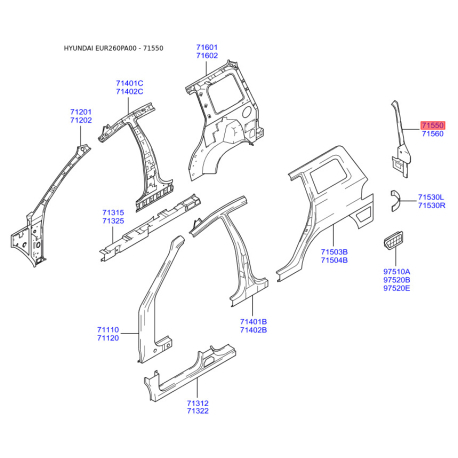 Усилитель задний боковины задний левый 71510-26200 Mobis - 7151026200 - схема с каталога 71550, EUR260PA00 7151026200