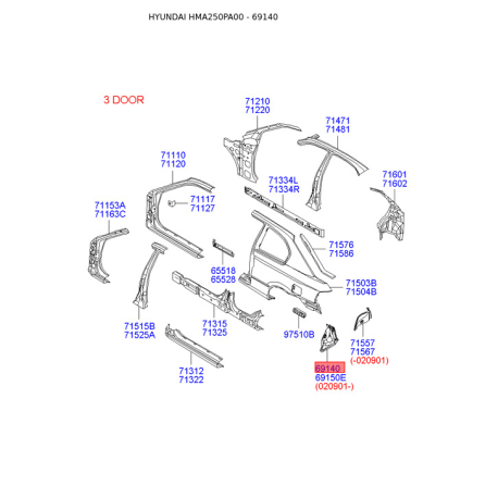 Крыло заднее (или часть боковины) левое 69141-25350 Mobis - 6914125350 - схема с каталога 69140, HMA250PA00 6914125350