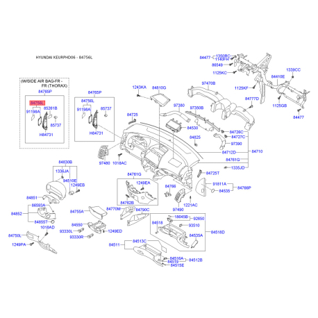 Накладка панели прибров (торпеды) левая 84716-2H5004W Mobis - 847162H5004W - схема с каталога 84756L, KEURPHD06 847162H5004W