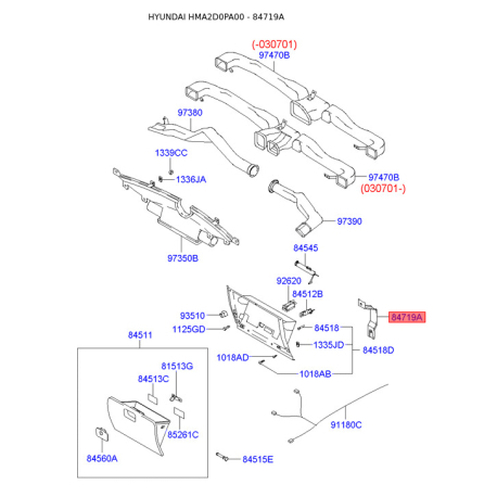 Кронштейн панелі приладів (торпеди) 84719-2D000 Mobis - 847192D000 - схема з каталогу 84719A, HMA2D0PA00 847192D000
