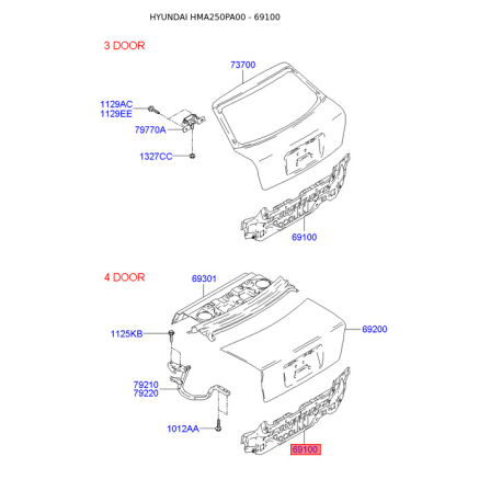 Лонжерон підлоги багажника 69100-25400 Mobis - 6910025400 - схема з каталогу 69100, HMA250PA00 6910025400