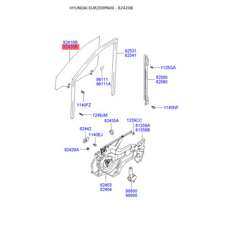 Боковое стекло (окно) двери правое 82420-2D041 Mobis - 824202D041 - схема с каталога 82420B, EUR2D0PA00 824202D041