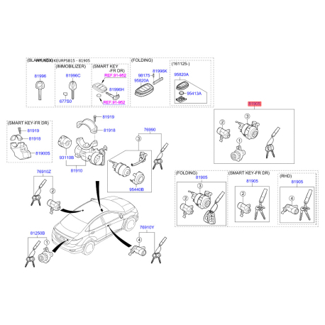 Замок (циліндр) запалювання з ключами 81905-1R620 Mobis - 819051R620 - схема з каталогу 81905, KEURPSB15 819051R620