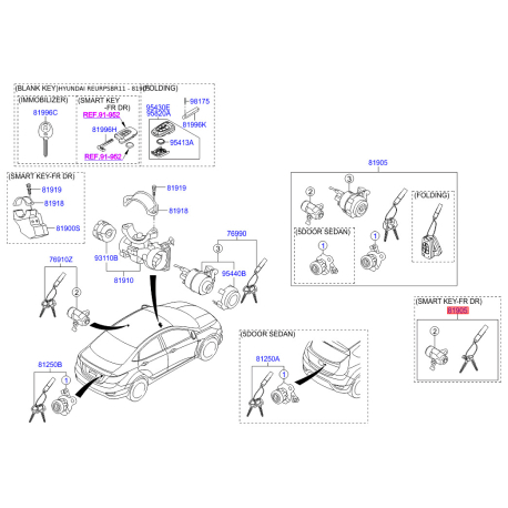 Замок (цилиндр) зажигания с ключами 81905-1R100 Mobis - 819051R100 - схема с каталога 81905, REURPSBR11 819051R100