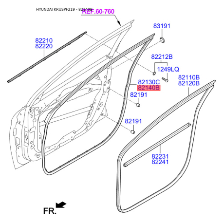 Ущільнення дверей праве 82140-F2000 Mobis - 82140F2000 - схема з каталогу 82140B, KRUSPF219 82140F2000