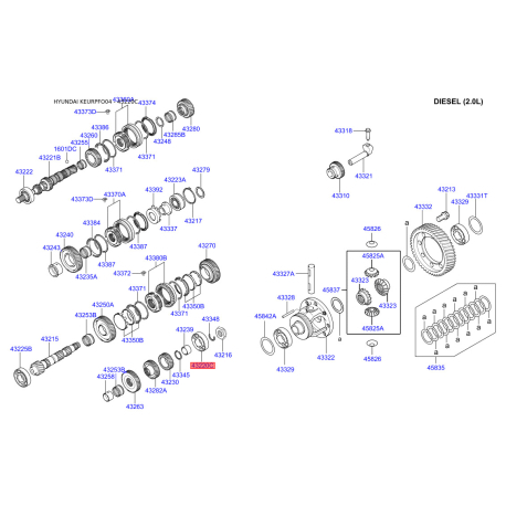Підшипник вторинного вала передній задній 43220-3A040 Mobis - 432203A040 - схема з каталогу 43220C, KEURPFO04 432203A040