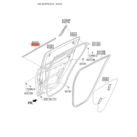 Уплотнитель (прокладка), боковое стекло правый 83220-3W020 Mobis - 832203W020 - схема с каталога 83220, SEURPSLZ14 832203W020