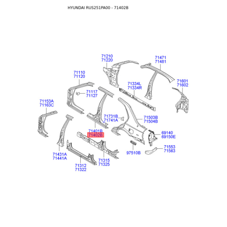 Порог пола (кузов) правый 71402-250B0 Mobis - 71402250B0 - схема с каталога 71402B, RUS251PA00 71402250B0