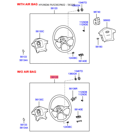 Руль (рулевое колесо) в сборе 56120-3D000LK Mobis - 561203D000LK - схема с каталога 56120, RUS381PA02 561203D000LK