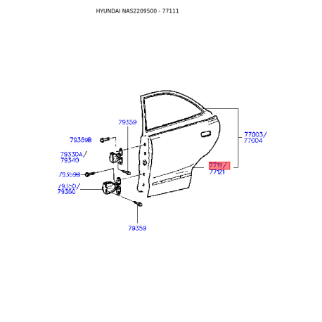 Двері, кузов ліві 77111-22510 Mobis - 7711122510 - схема з каталогу 77111, NAS2209500 7711122510