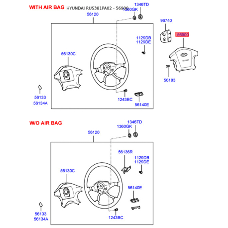 Подушка безопасности на руль 56900-3D000LK Mobis - 569003D000LK - схема с каталога 56900, RUS381PA02 569003D000LK