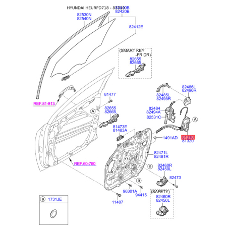 Замок двери левый 81310-D3510 Mobis - 81310D3510 - схема с каталога 81310, HEURPD718 81310D3510