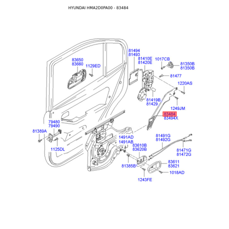 Тримач скла дверей лівий 83484-2D001 Mobis - 834842D001 - схема з каталогу 83484, HMA2D0PA00 834842D001