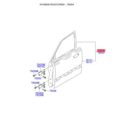 Двері, кузов праві 76004-25031 Mobis - 7600425031 - схема з каталогу 76004, RUS251PA00 7600425031