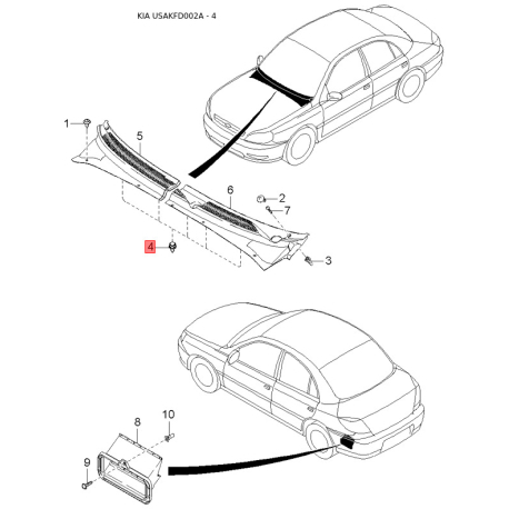 Облицювання передка (морда) верхнє 0K32A-53150 Mobis - 0K32A53150 - схема з каталогу 4, USAKFD002A 0K32A53150