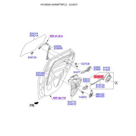 Замок двери 81491-2S000 Mobis - 814912S000 - схема с каталога 81491F, KHMAPTMF12 814912S000
