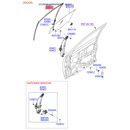 Направляюча скла дверей права 82540-1E200 Mobis - 825401E200 - схема з каталогу 82541, KHMAPMC06 825401E200