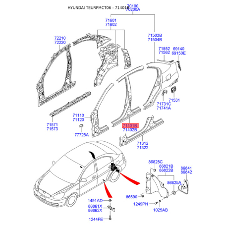 Поріг підлоги (кузов) лівий 71401-1EB10 Mobis - 714011EB10 - схема з каталогу 71401B, TEURPMCT06 714011EB10
