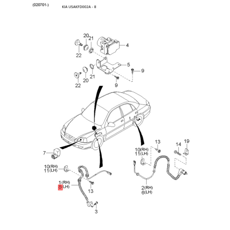 Петля бічних дверей ліва 0K30A-73651A Mobis - 0K30A73651A - схема з каталогу 8, USAKFD002A 0K30A73651A