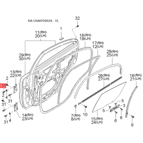 Петля боковой двери левая 0K30A-73270E Mobis - 0K30A73270E - схема с каталога 31, USAKFD002A 0K30A73270E