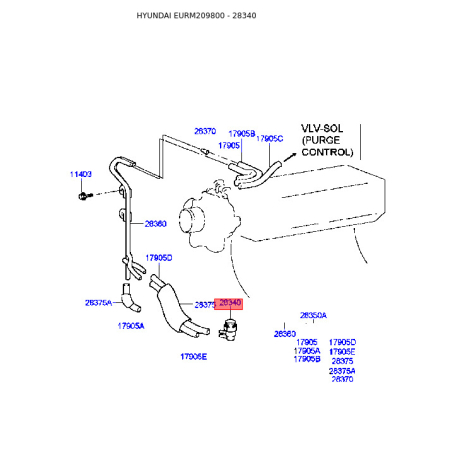 Клапан вакуумного управления, рециркуляция ОГ 28340-32530 Mobis - 2834032530 - схема с каталога 28340, EURM209800 2834032530