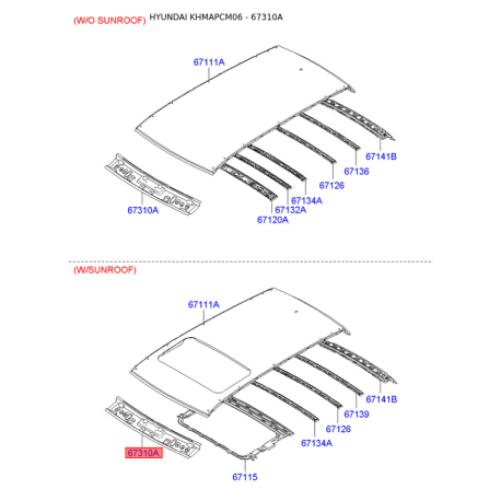 Каркас даху 67131-2B000 Mobis - 671312B000 - схема з каталогу 67310A, KHMAPCM06 671312B000