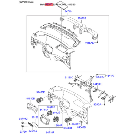 Подушка безпеки пасажирська на передню панель 84560-1E100WK Mobis - 845601E100WK - схема з каталогу 84530, TEURPMCT06 845601E100WK