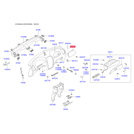 Подушка безпеки пасажирська на передню панель 84560-25300LT Mobis - 8456025300LT - схема з каталогу 84530, EUR250PA00 8456025300LT