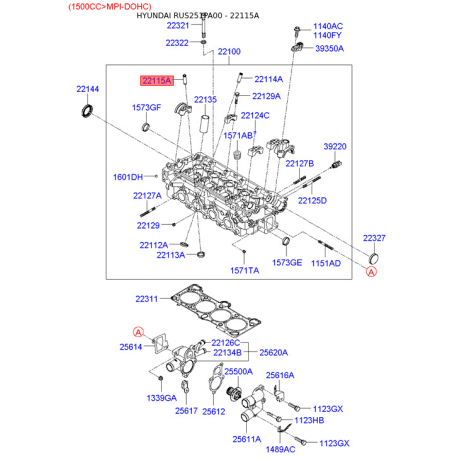 Направляющая втулка клапана 22115-22925 Mobis - 2211522925 - схема с каталога 22115A, RUS251PA00 2211522925