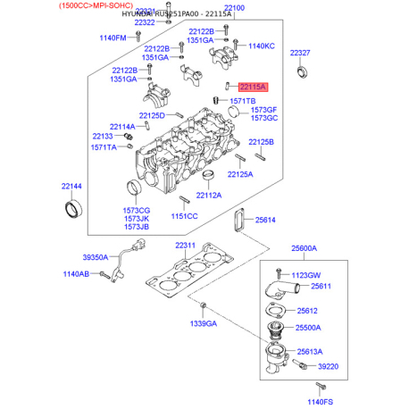 Направляющая втулка клапана 22115-22905 Mobis - 2211522905 - схема с каталога 22115A, RUS251PA00 2211522905