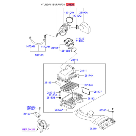 Шланг, система подачи воздуха 28138-3K710 Mobis - 281383K710 - схема с каталога 28138, KEURPNF08 281383K710