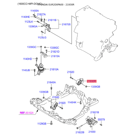 Подушка двигателя задняя 21930-2D310 Mobis - 219302D310 - схема с каталога 21930R, EUR2D0PA00 219302D310