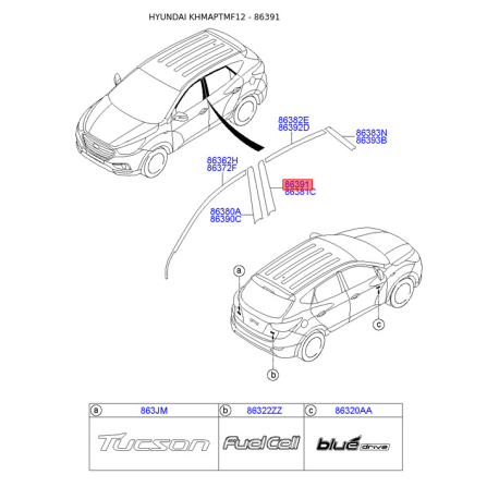 Облицювання / захисна накладка, боковина праве 86391-2S000 Mobis - 863912S000 - схема з каталогу 86391, KHMAPTMF12 863912S000