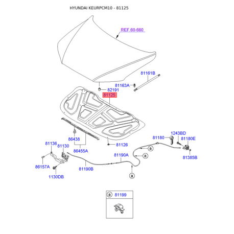 Шумоизоляция (теплоизоляция) капота 81125-2B500 Mobis - 811252B500 - схема с каталога 81125, KEURPCM10 811252B500