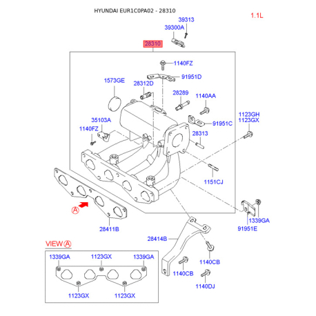 Коллектор впускной 28310-27500 Mobis - 2831027500 - схема с каталога 28310, EUR1C0PA02 2831027500