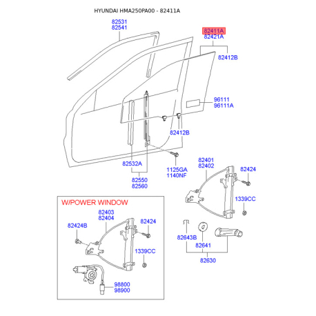 Бокове вікно ліве 82410-25200 Mobis - 8241025200 - схема з каталогу 82411A, HMA250PA00 8241025200