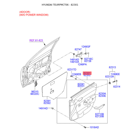 Обивка (накладка) салона левая 82301-1E081OR Mobis - 823011E081OR - схема с каталога 82301, TEURPMCT06 823011E081OR