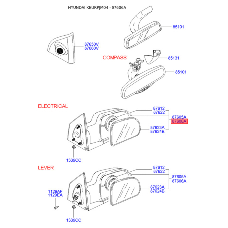 Зеркало наружное заднее правое 87620-2E560CA Mobis - 876202E560CA - схема с каталога 87606A, KEURPJM04 876202E560CA