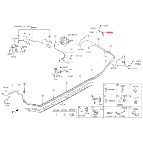 Шланг гальмівний правий 58738-3R000 Mobis - 587383R000 - схема з каталогу 58738E, KKMAPTFE14 587383R000