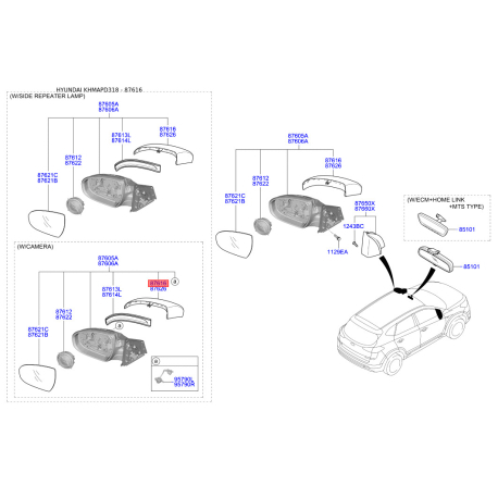 Накладка (кришка) зовнішнього дзеркала задня ліва 87616-D3100 Mobis - 87616D3100 - схема з каталогу 87616, KHMAPD318 87616D3100