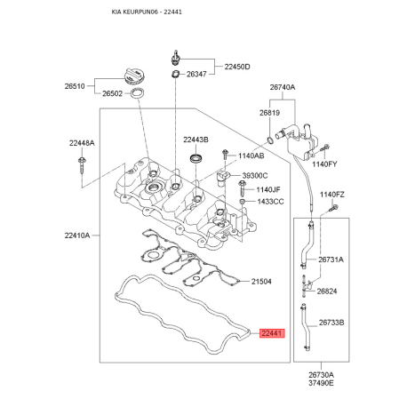 Прокладка клапанної кришки 22441-25100 Mobis - 2244125100 - схема з каталогу 22441, KEURPUN06 2244125100