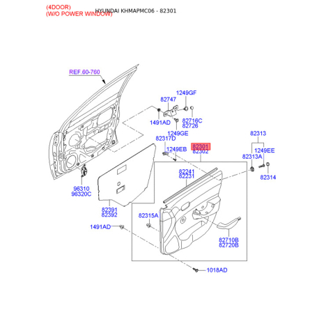 Обивка (накладка) салона левая 82301-1E060AR Mobis - 823011E060AR - схема с каталога 82301, KHMAPMC06 823011E060AR